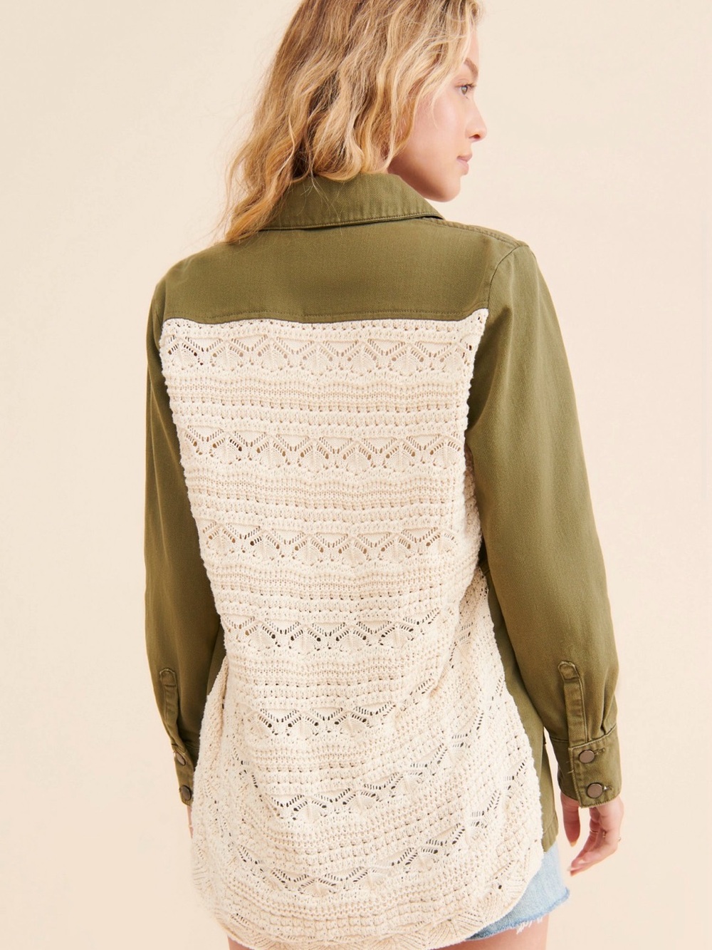 Anthropologie Olive Green Utility Jacket with Cream Crochet Back
